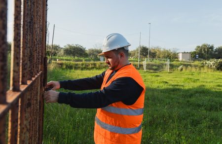 Worker Measuring The Iron Door .